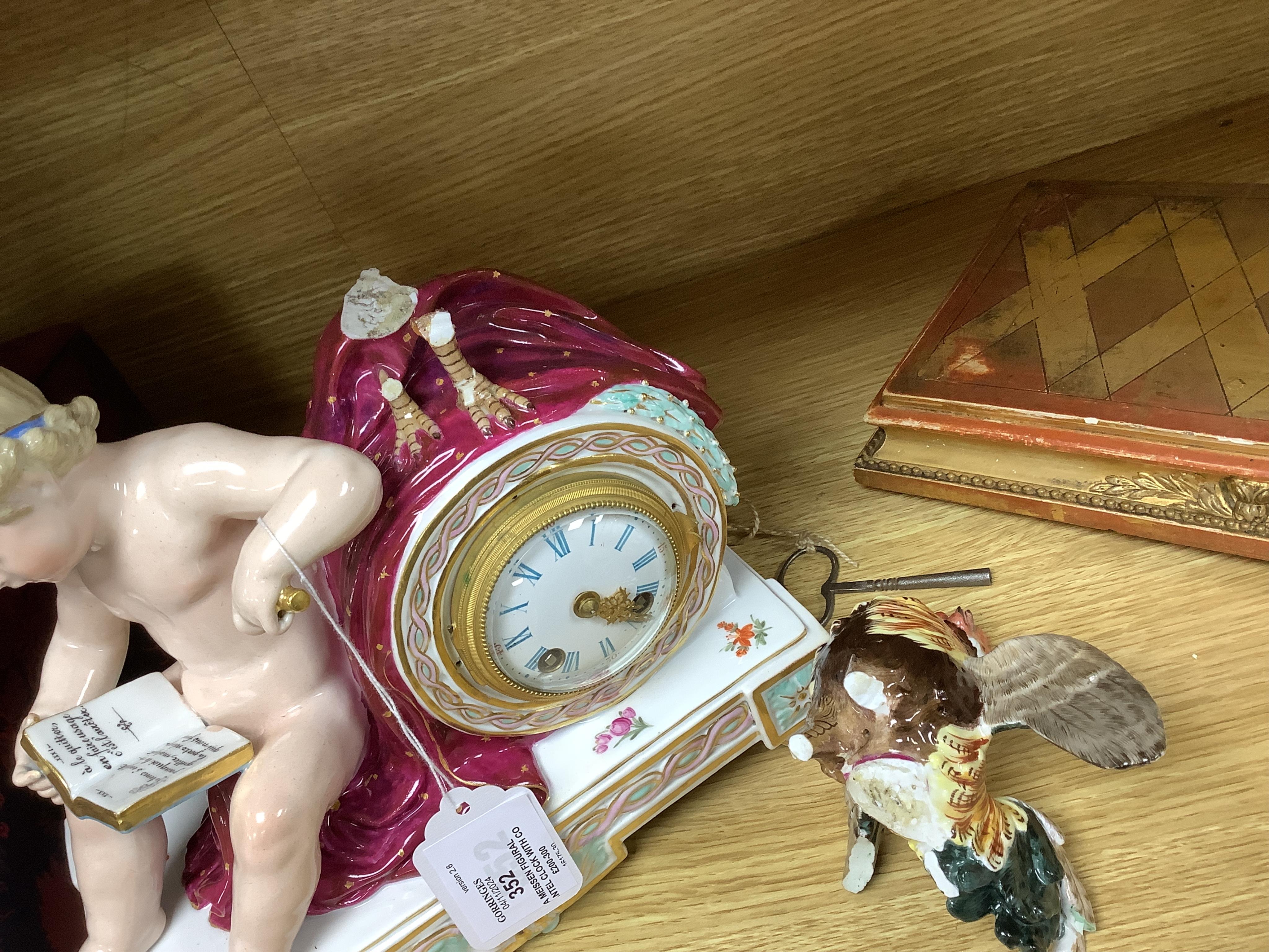 A Meissen figural mantel clock with cockerel surmount, French movement striking on a bell, 29cm high. Condition - poor